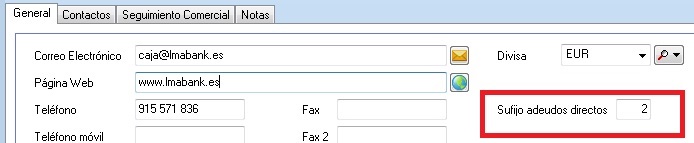Introduzca el sufijo para adeudos directos en la ficha de bancos