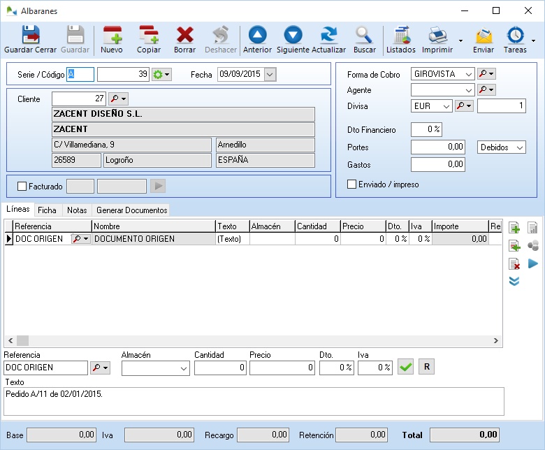 Albarán de Venta que no ha 'heredado' las líneas del pedido Albarán de Venta que no ha 'heredado' las líneas del pedido