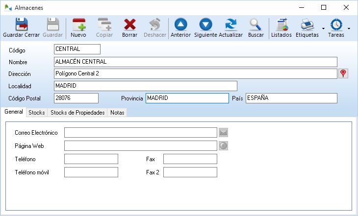 Ficha de almacenes en OfiPro