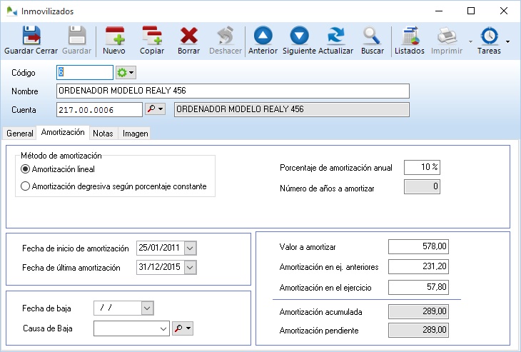 Defina los datos de amortización de cada inmovilizado en su ficha