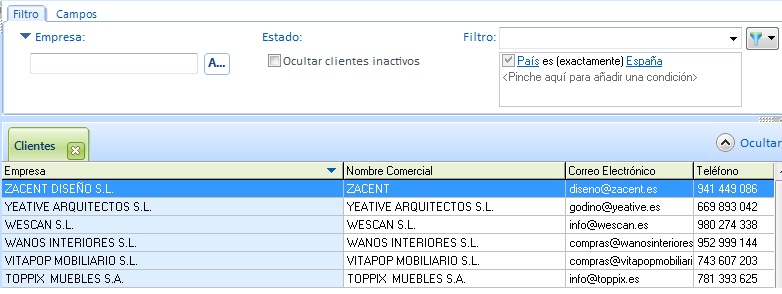 Area de filtros del fichero activo en OfiPro Area de filtros del fichero activo en OfiPro