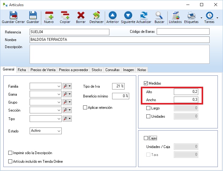 Active las medidas en la ficha del artículo