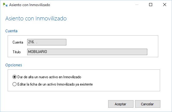 En asientos con inmovilizado, cree o edite la ficha de inmovilizado