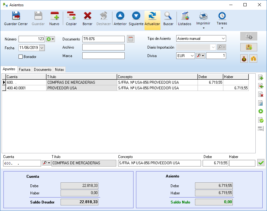 Asiento de importación correspondiente a la factura del proveedor