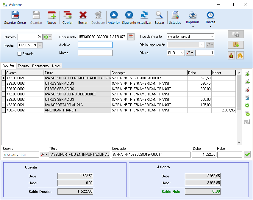 Asiento de importación del documento de aduanas y factura del transitario