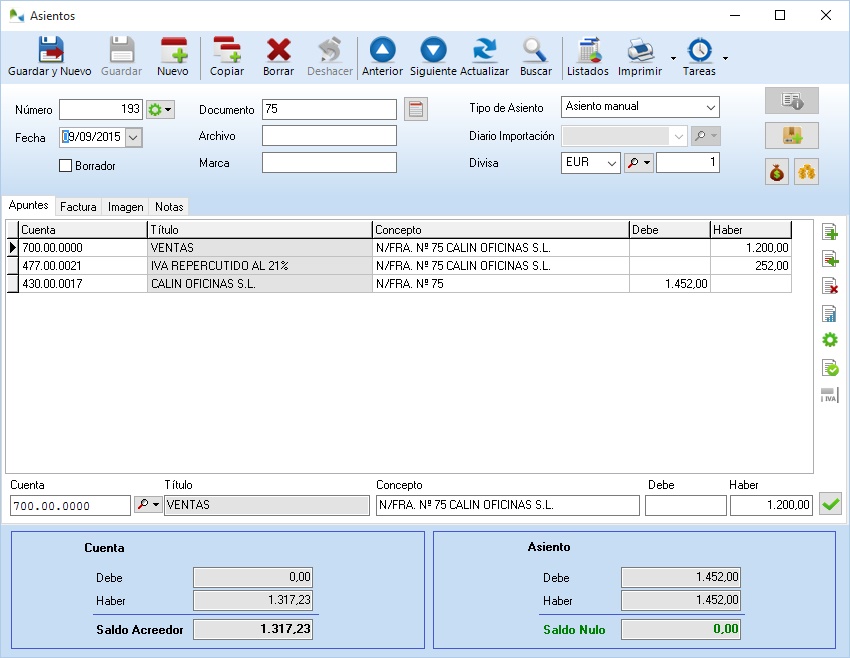 OfiPro ha creado automáticamente el asiento a partir de los datos entrados&nbsp;