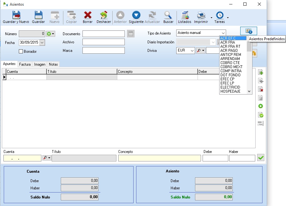 Active la contabilización de asientos predefinidos desde la propia pantalla de alta de asientos