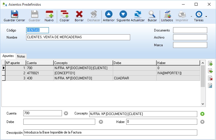 a partir de asientos predefinidos podra crear asientos de manera automatica