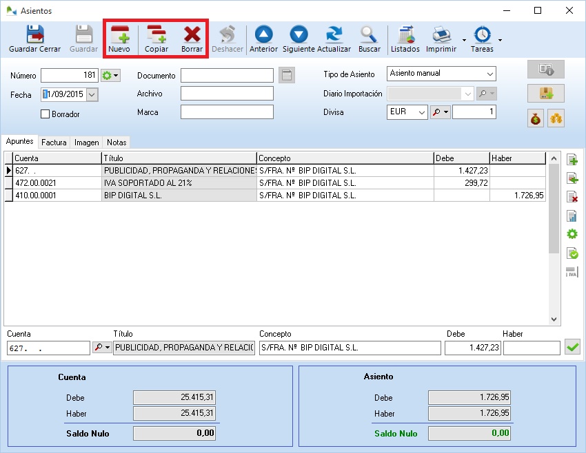 Crear, copiar, modificar o eliminar asientos contables de forma facil