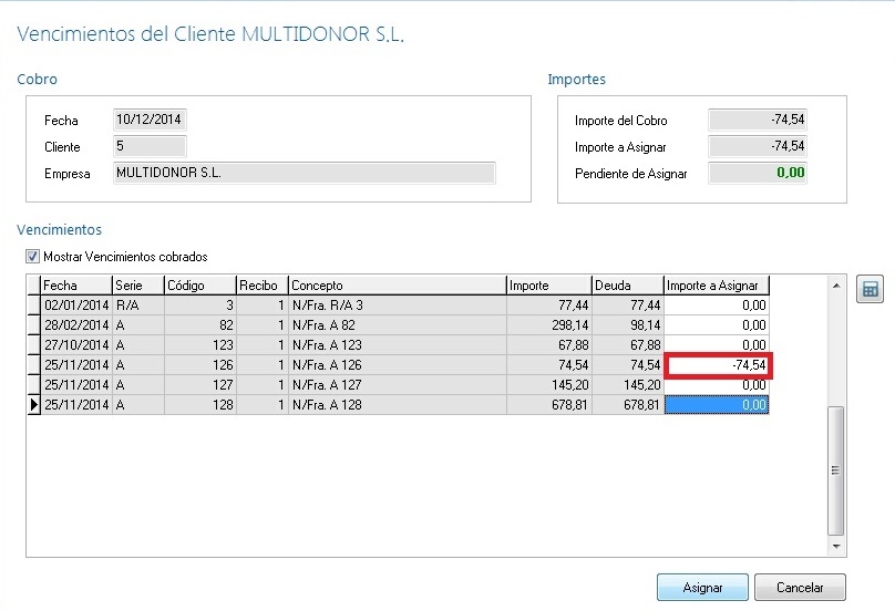 Introduzca el importe en negativo para asignarlo al vencimiento que le corresponde