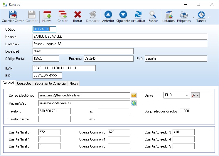 Ficha de Banco en OfiPro