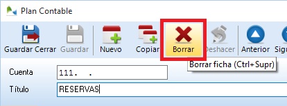 Botón para borrado de ficha de la cuenta contable Botón para borrado de ficha de la cuenta contable