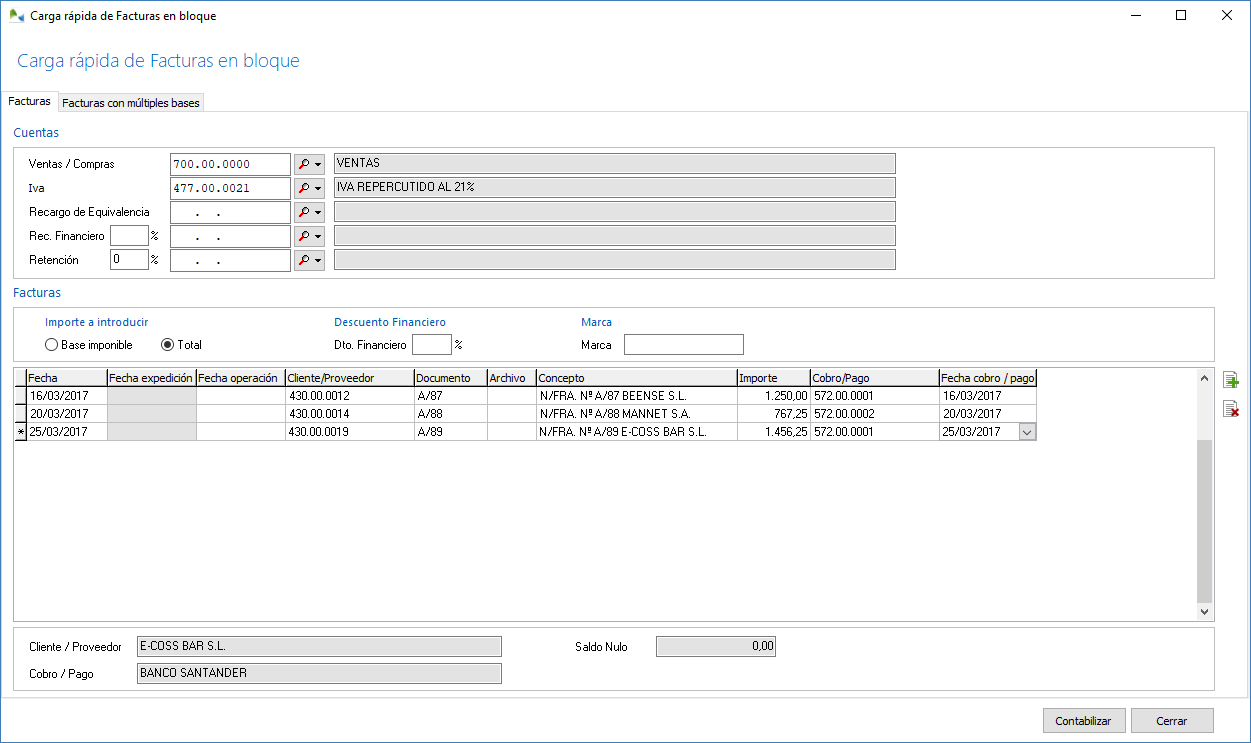 Use la Carga Rápida de Facturas para realizar la carga rápida de múltiples facturas con sus cobros y pagos
