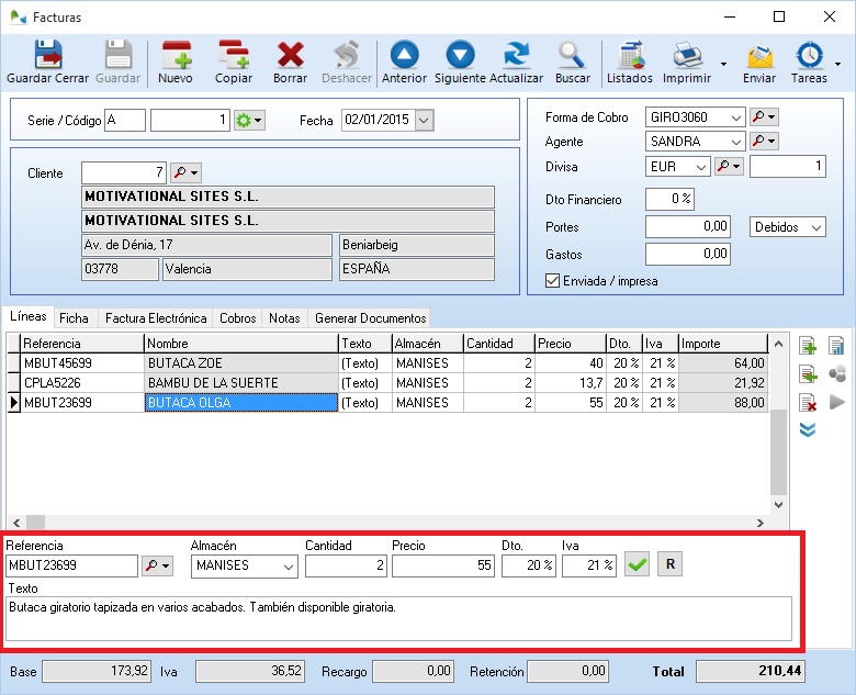 Modifique el texto de la descripcion al introducir lineas en la factura