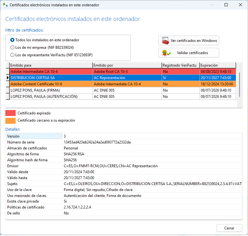 Desde este ordenador se podrá remitir a VeriFactu, ya que uno de los certificados indica "Si" en el campo "Registrado VeriFactu"