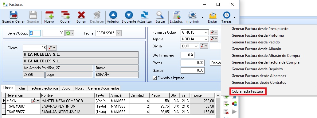 Con OfiPro es posible gestionar el cobro de la factura en un solo paso