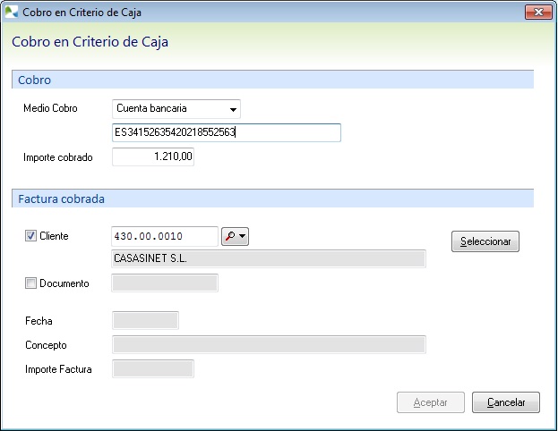Ejemplo de pantalla para asignar la factura correspondiente al cobro