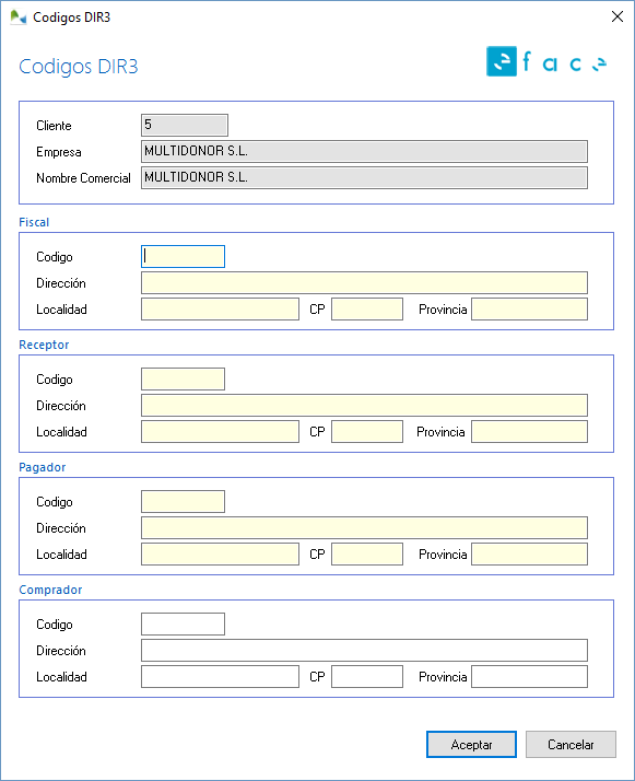 Codigos DIR3 que identifican la administración pública a la que va destinada la factura Codigos DIR3 que identifican la administración pública a la que va destinada la factura