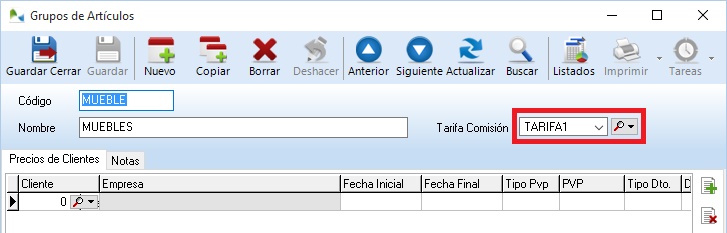 Selección de tarifa de comisión en 'Grupos de Artículos'