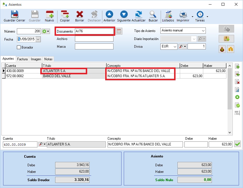 OfiPro sustituye automáticamente las expresiones Documento y Cliente del Concepto por las que correspondan