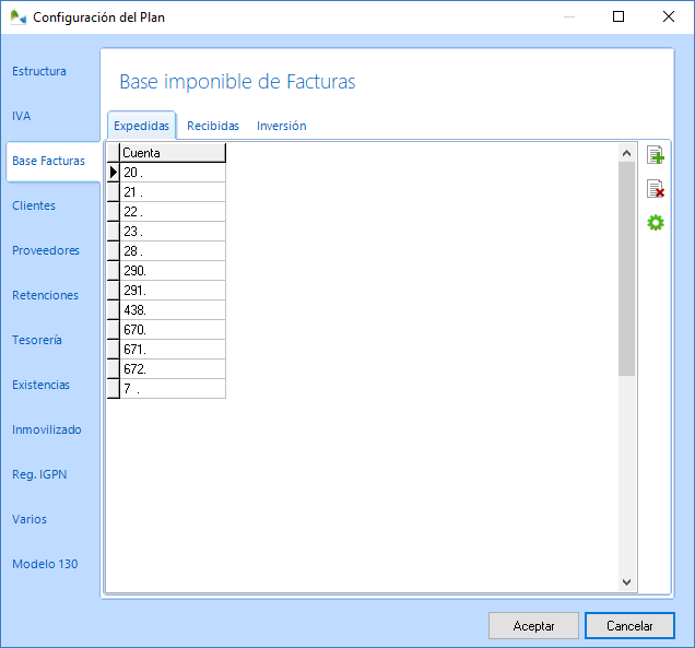 Configure en este apartado las cuentas que forman parte de la Base imponible de las Facturas
