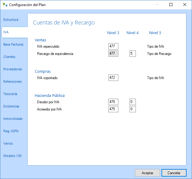 Configure en este apartado las cuentas contables de IVA