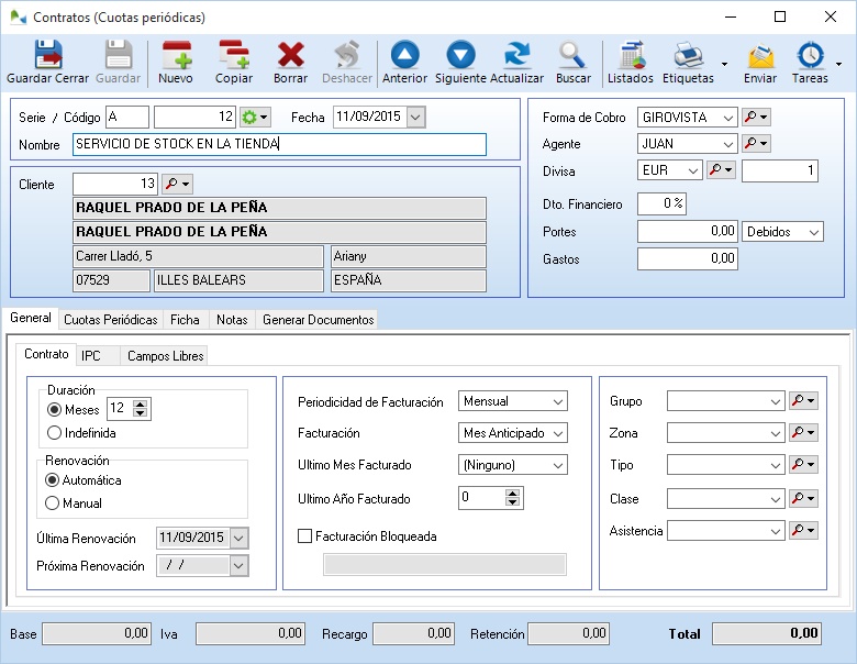 Contratos y cuotas periódicas en OfiPro