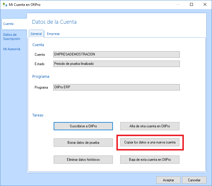 Crear una nueva cuenta en OfiPro, copiando los datos de la cuenta actual