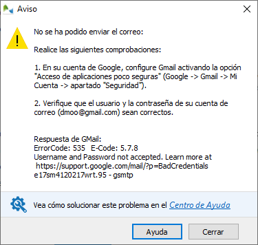 Mensaje de error al tratar de enviar un correo electrónico