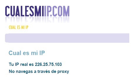 La página web www.cualesmiip.com informa de la IP pública utilizada en la conexión a internet