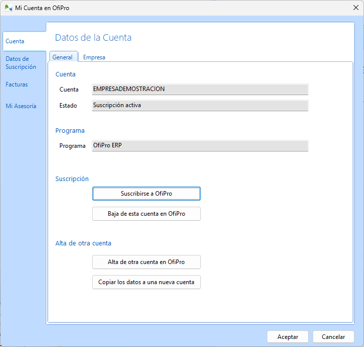 Datos de la cuenta en OfiPro