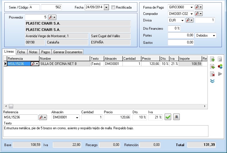 Descuento del 10% aplicado en la línea de la factura