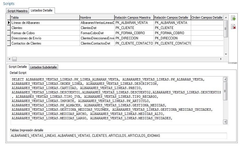 Configuración de listados detalle
