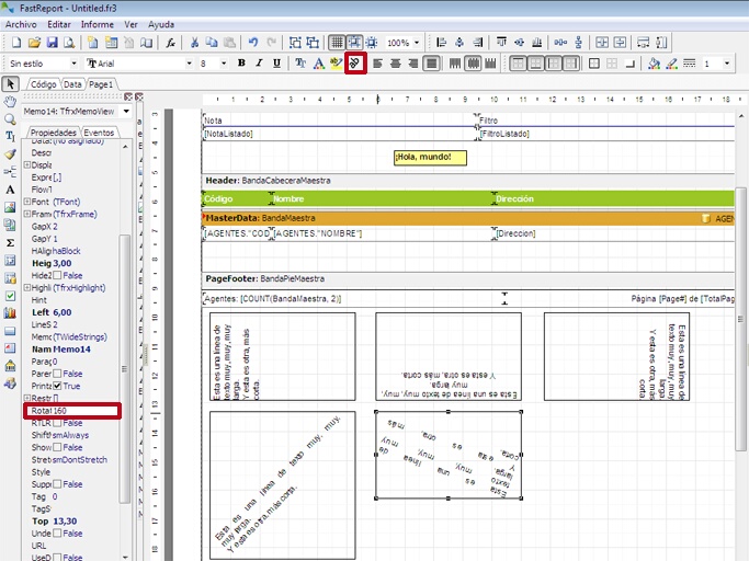 ejemplos de distintas rotaciones de texto en el diseñador de informes