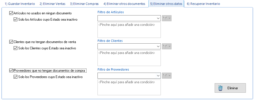 Apartado "Eliminar otros datos", permite eliminar artículos no usados, y clientes y proveedores sin documentos