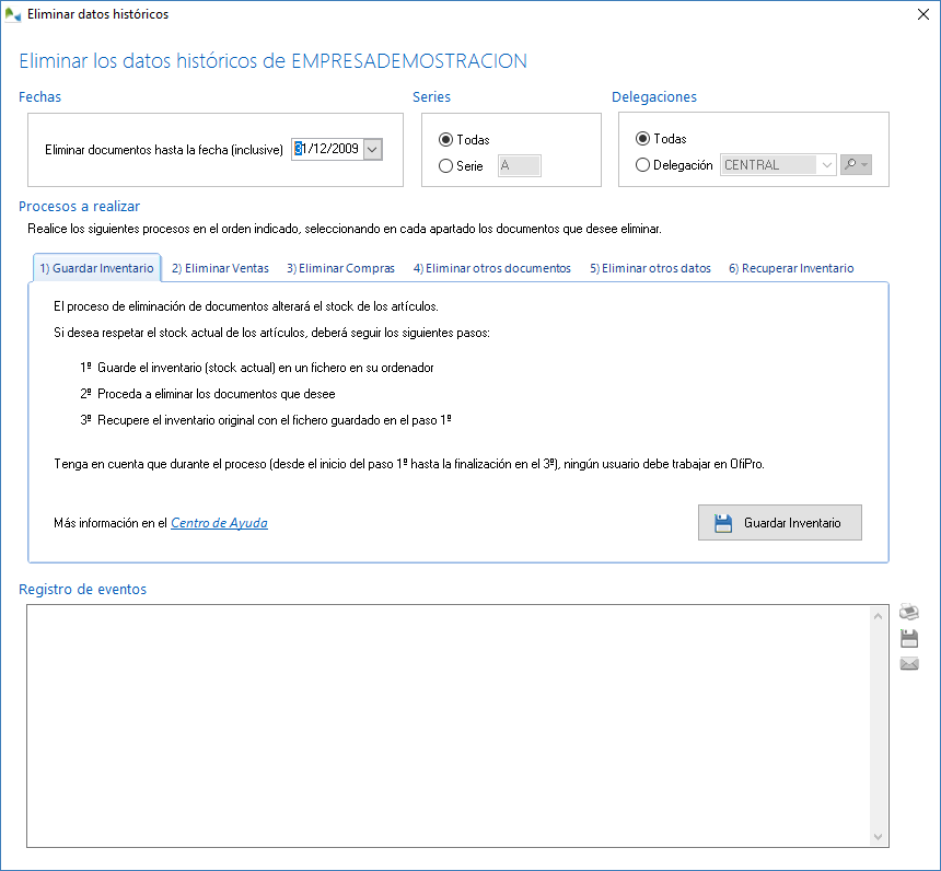 Pantalla de eliminación de datos históricos