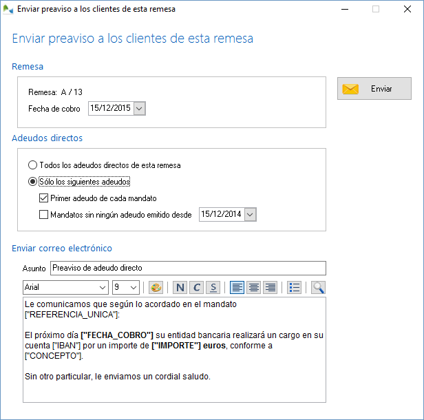 Enviar email de preaviso a los clientes de una remesa