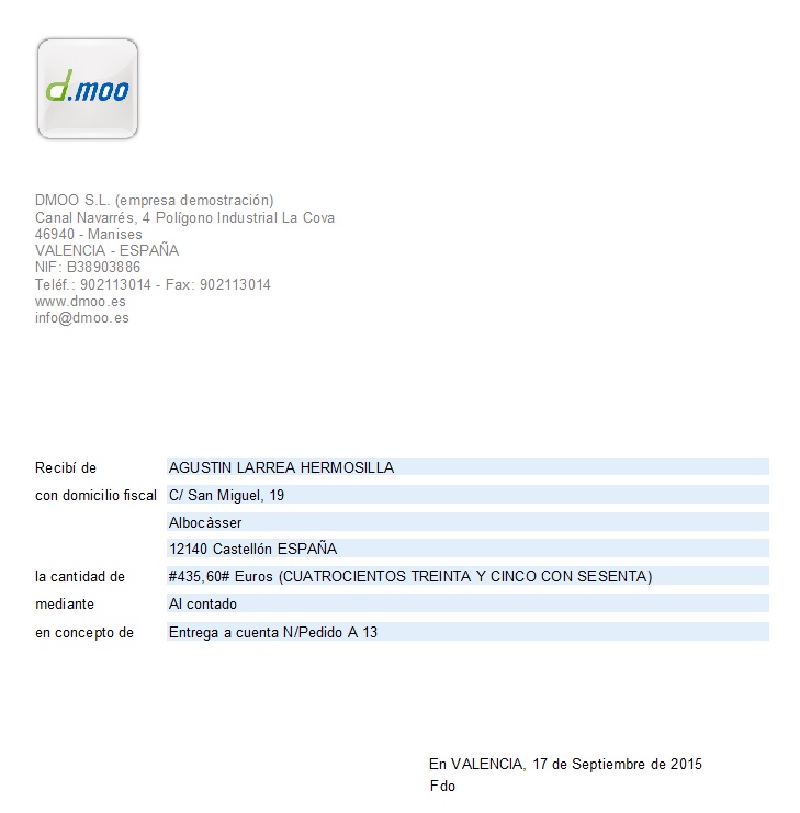 Justificante de la entrega a cuenta recibida