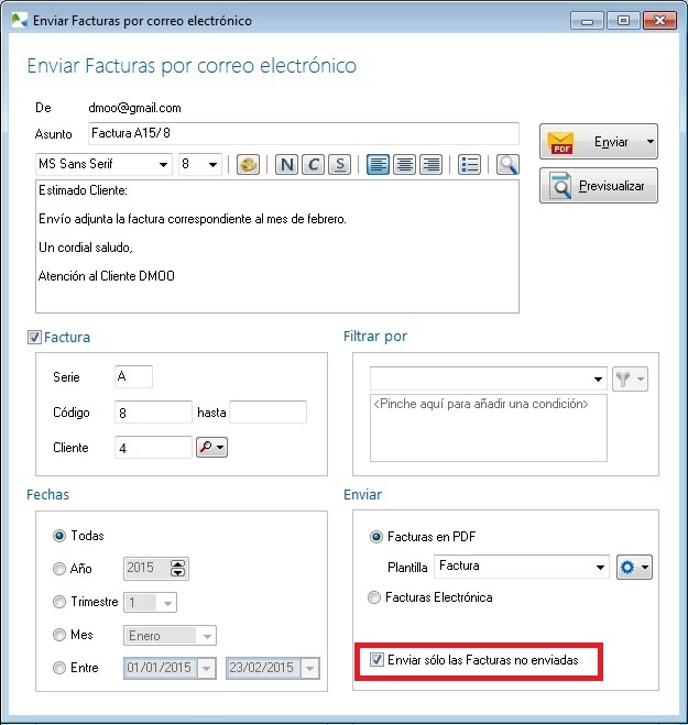 Filtro de envío de facturas no envíadas