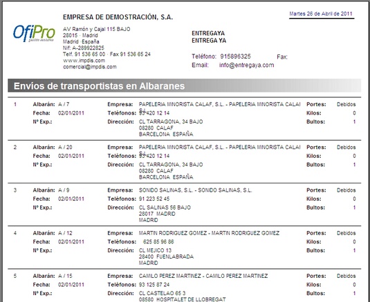 Listado de envíos de transportistas