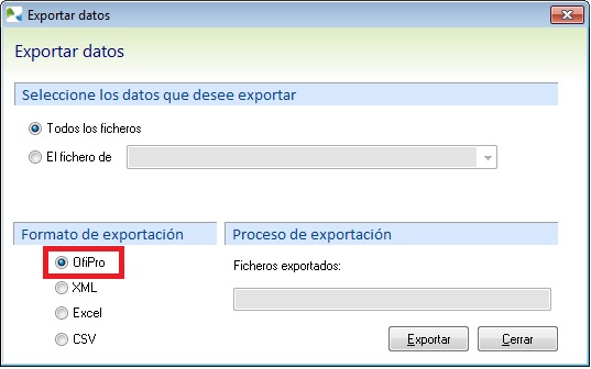 Opciones de exportación en OfiPro