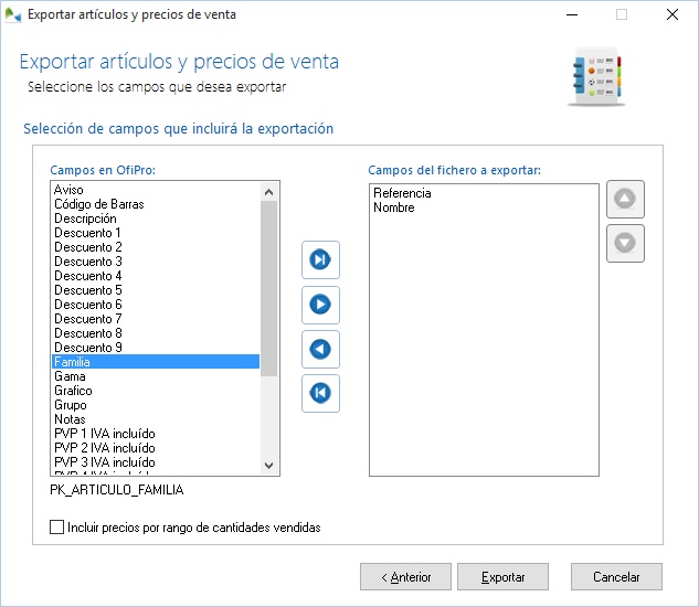 Seleccione los campos a incluir en el fichero exportado Seleccione los campos a incluir en el fichero exportado