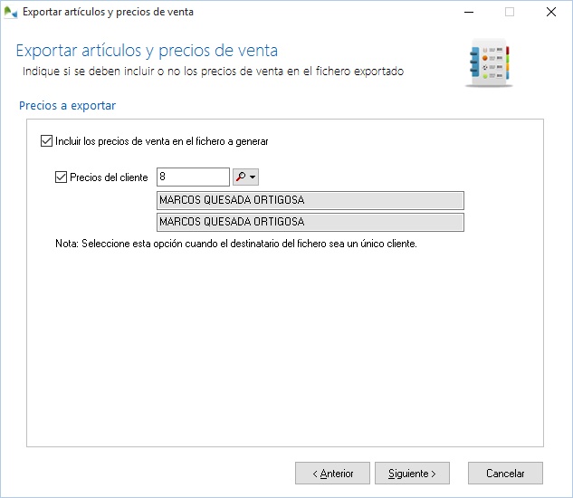 Seleccione los precios a exportar Seleccione los precios a exportar
