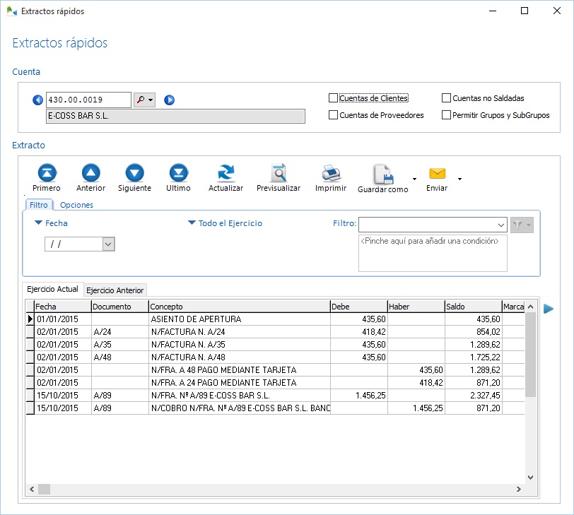 A través de los extractos rápidos podrá acceder rápidamente al mayor de una cuenta&nbsp;