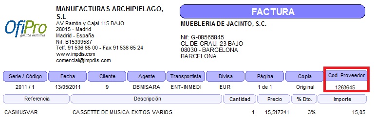 factura con nuestro codigo de proveedor