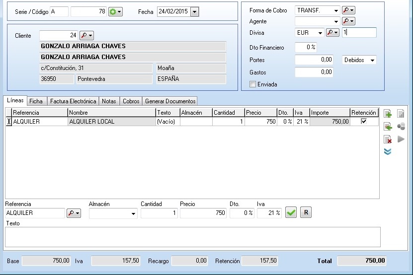 Factura con retención en OfiPro Factura con retención en OfiPro