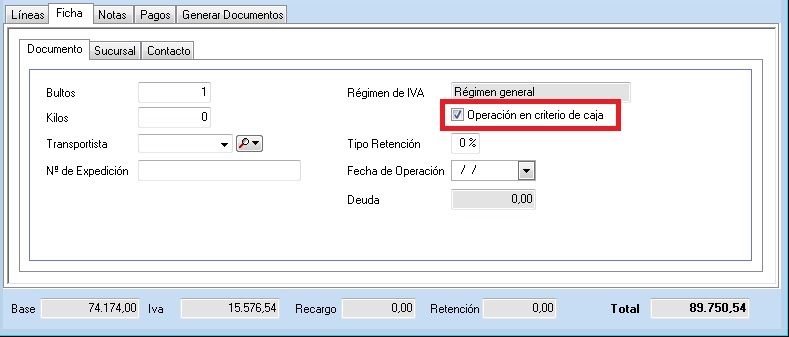 Indique si la factura está incluida al Criterio de Caja&nbsp;