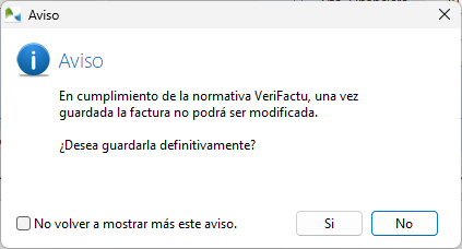 Aviso al grabar una factura