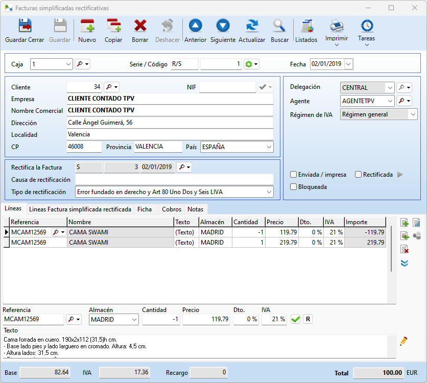 Ficha de una factura simplificada rectificativa