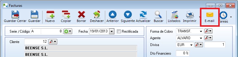 Nuevo botón E-mail en la ficha de facturas